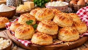 Aranyszínű sajtos pogácsák rusztikus konyhában