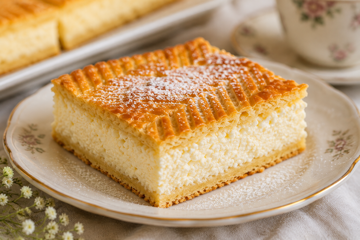 Retro túrós pite egy szelete porcukorral, krémes túrótöltelékkel