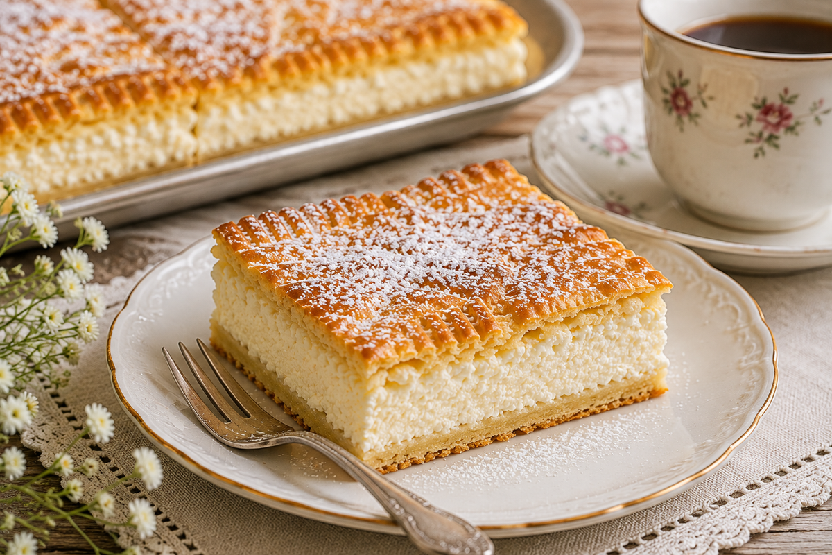 Retro túrós pite egy szelete porcukorral, kávé mellett