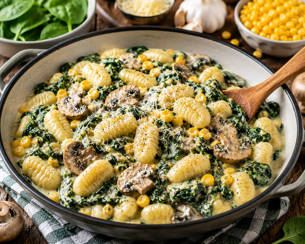 Spenótos gnocchi készítése serpenyőben gombával és kukoricával